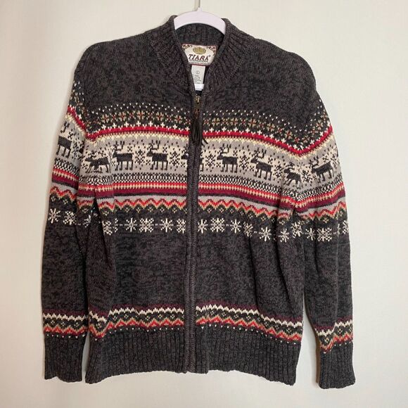 Tiara International Fair Isle Nordic Reindeer Snowflake Zip Up Cardigan Size L - Picture 1 of 11